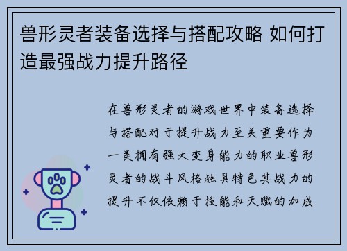 兽形灵者装备选择与搭配攻略 如何打造最强战力提升路径